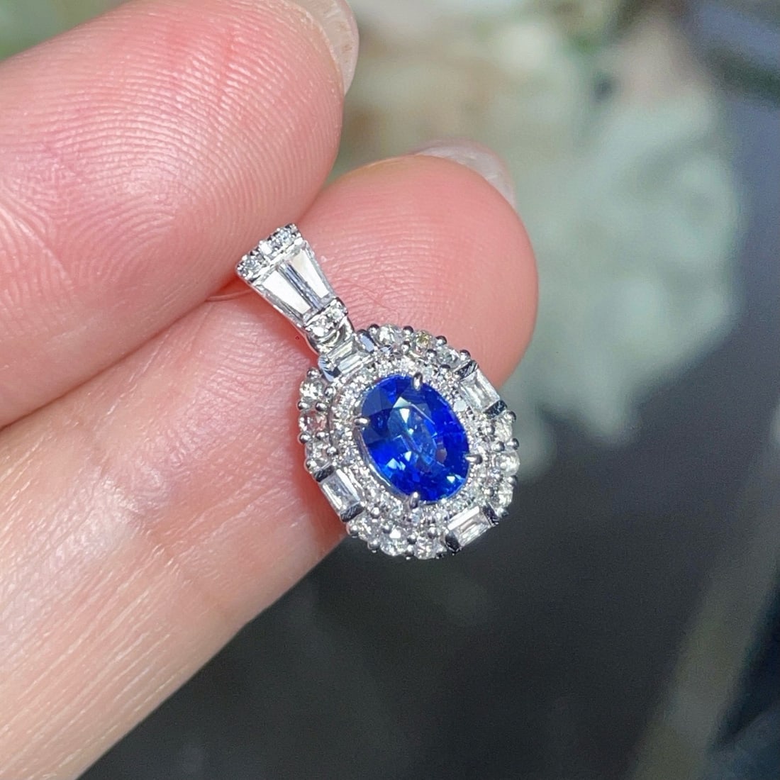 14k Gold 0.81 Ct Natural Sapphire & Diamond & Sapphire Pendant( Without Chain ) - 3