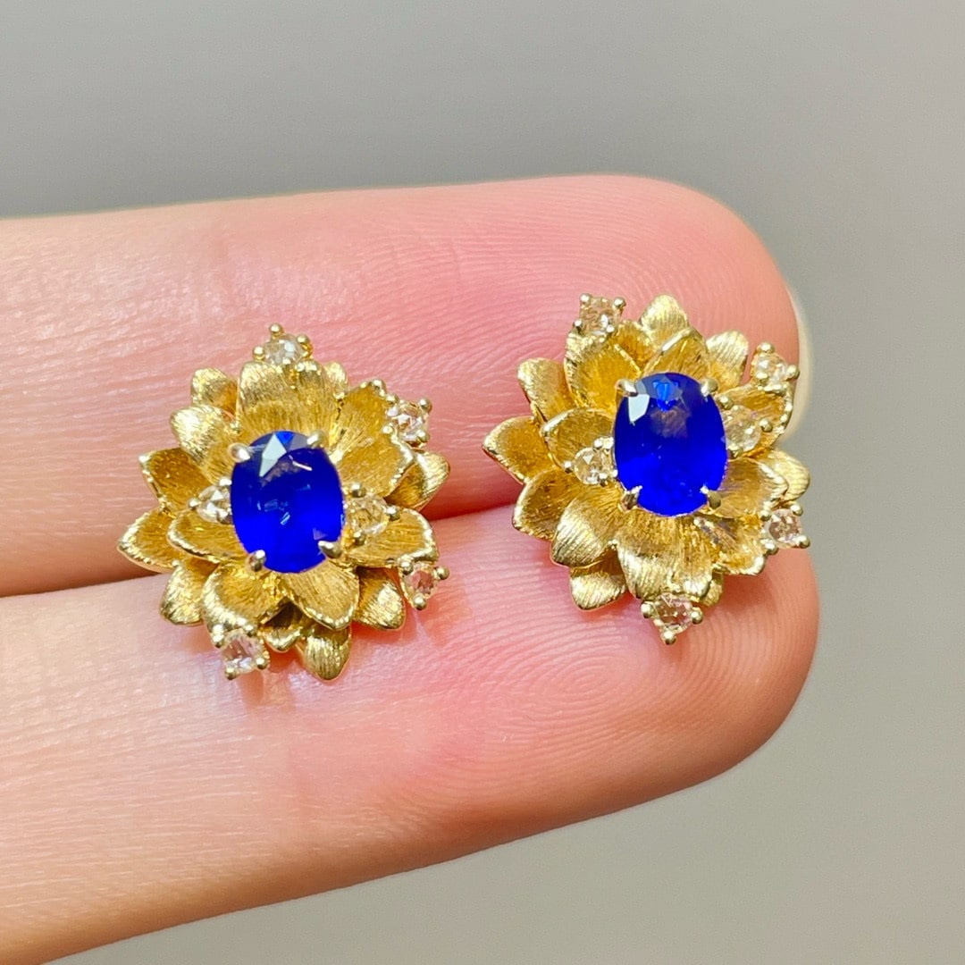 14k Gold 1 Ct Natural Sapphire & Diamond Earrings - 2