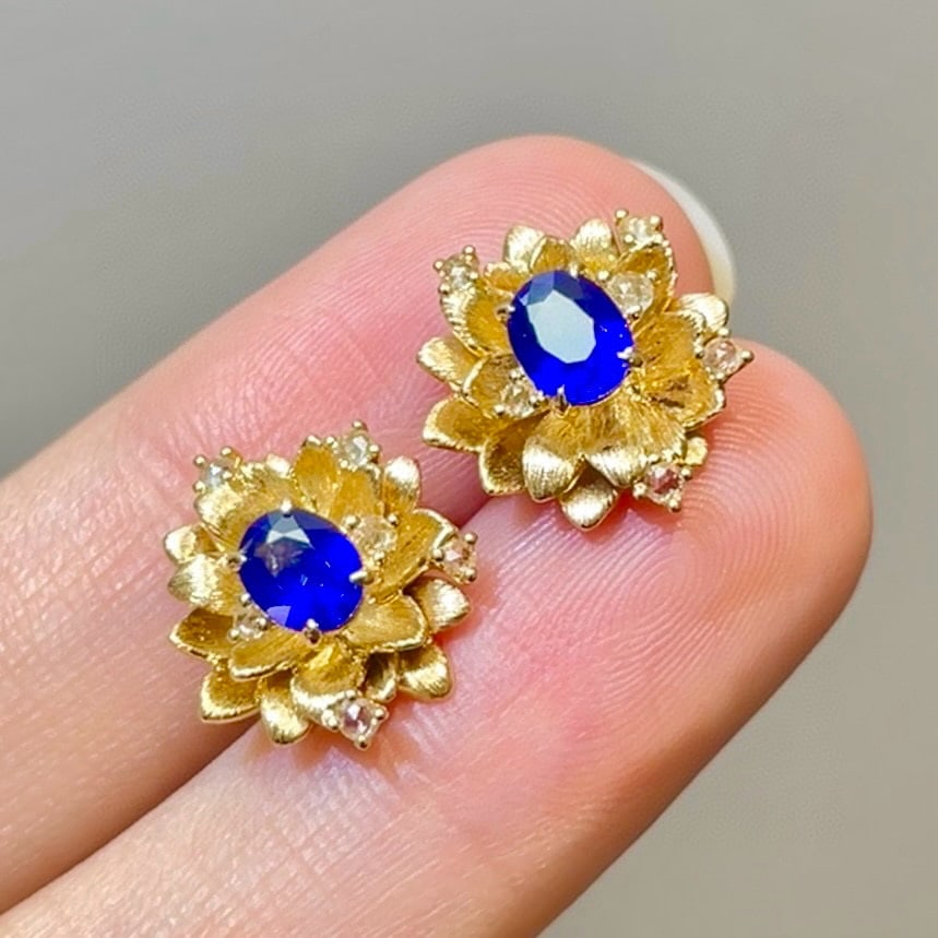 14k Gold 1 Ct Natural Sapphire & Diamond Earrings - 4