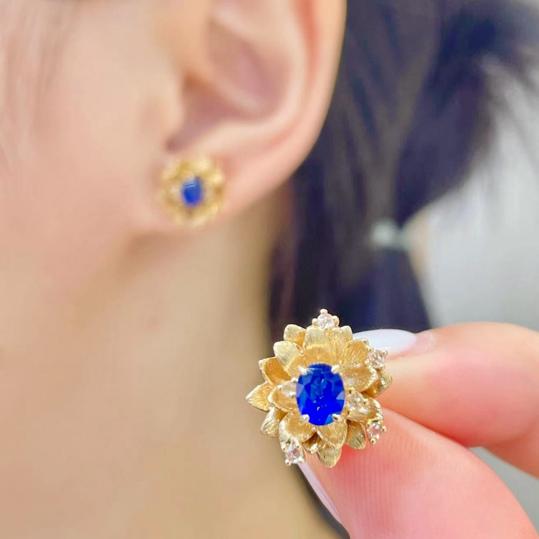 14k Gold 1 Ct Natural Sapphire & Diamond Earrings - 5