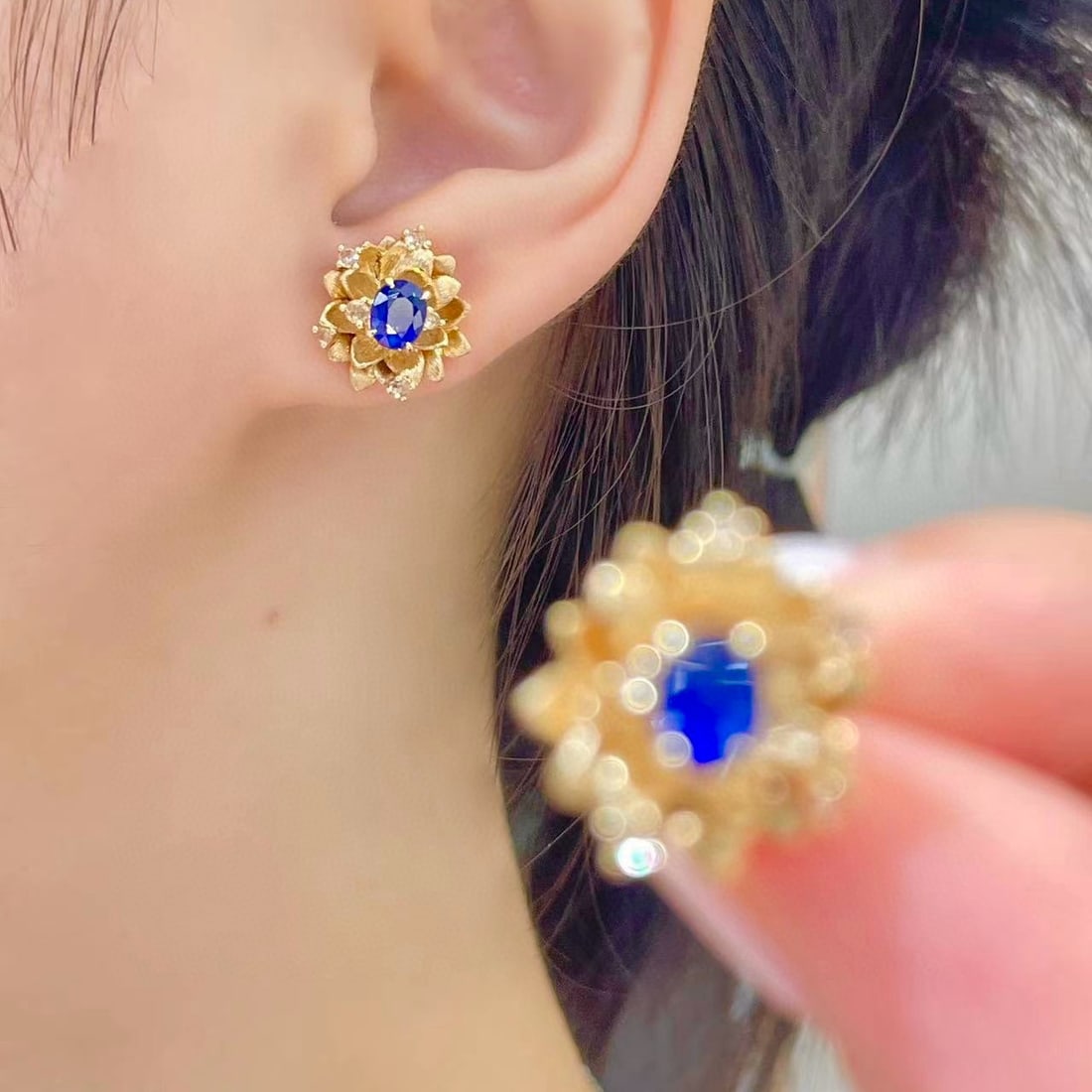 14k Gold 1 Ct Natural Sapphire & Diamond Earrings - 6