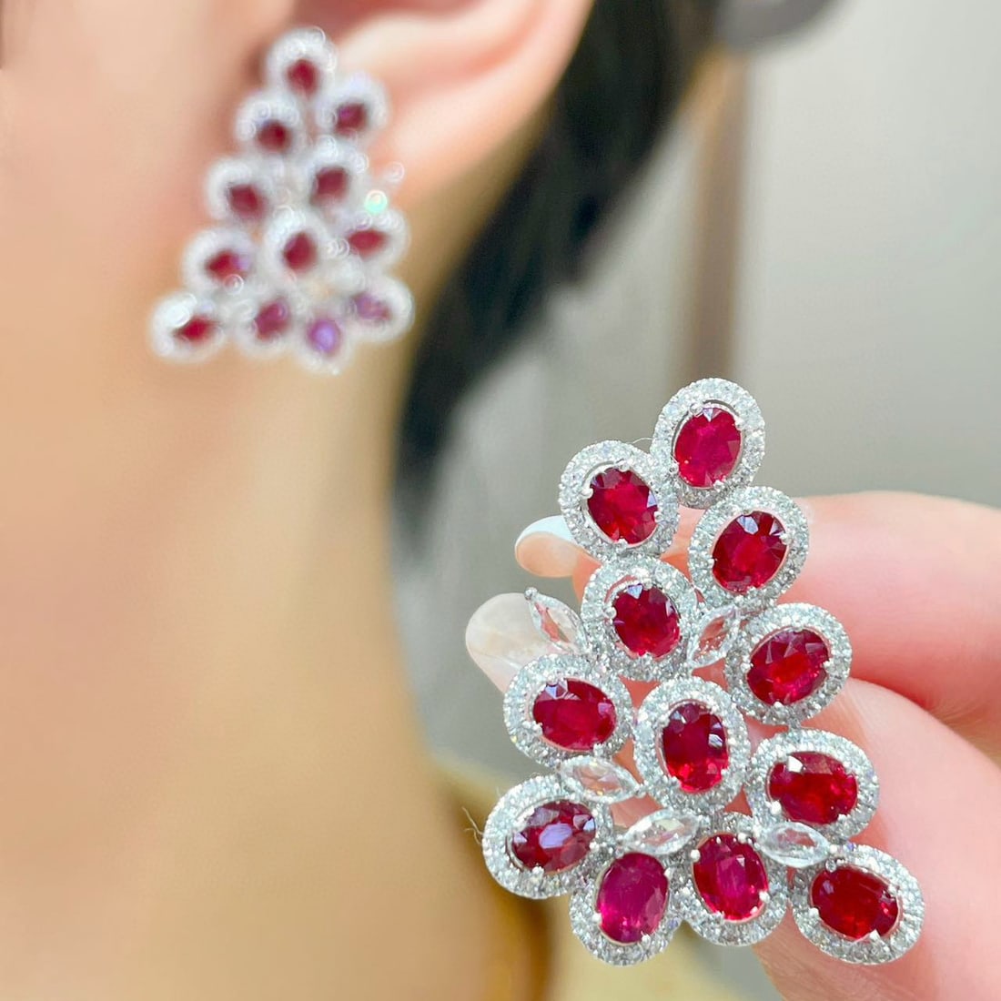 14k Gold 4.5 Ct Natural Ruby & Diamond Earrings - 5