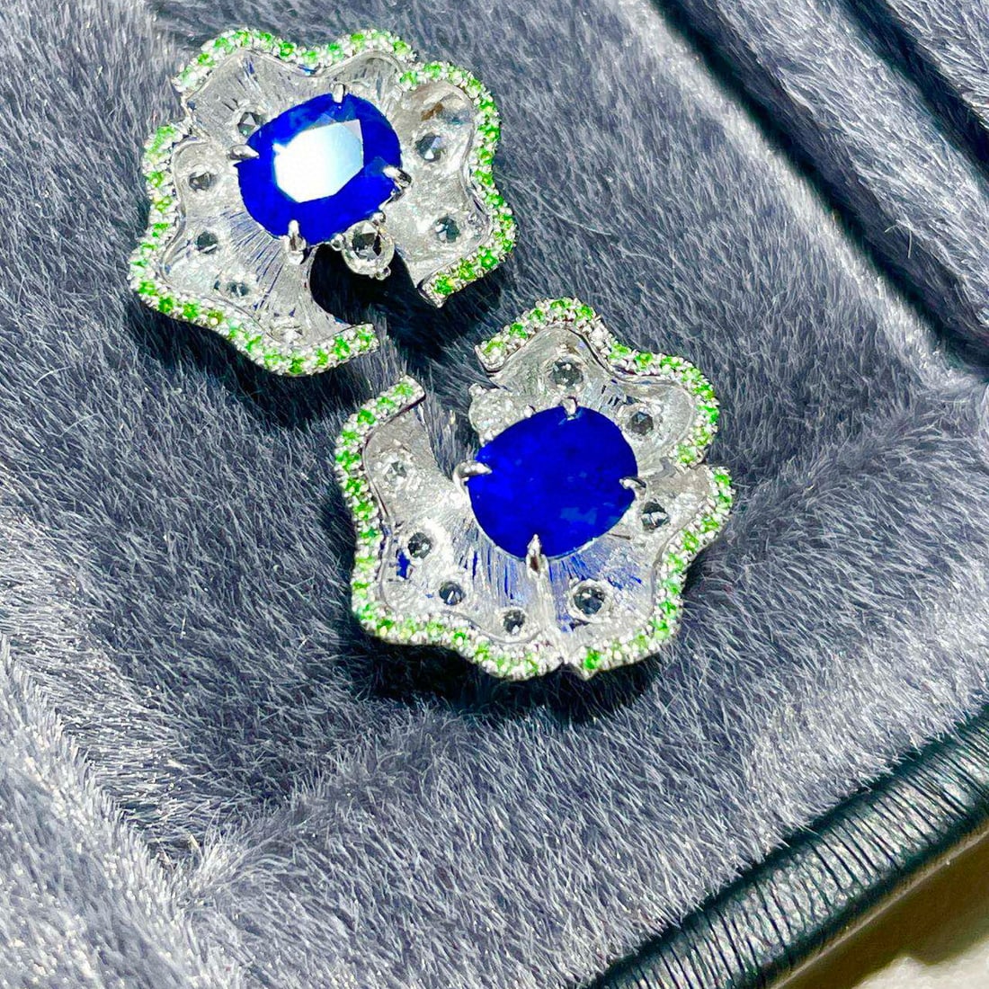 14k Gold 1.9 Ct Natural Sapphire & Tsavorite & Diamond Earrings - 2