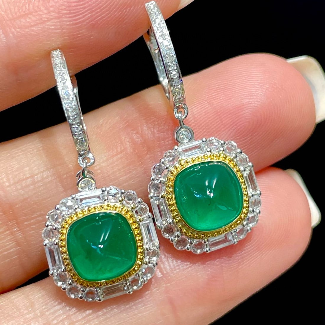 14k Gold 3.3 Ct Natural Emerald & Sapphire & Diamond Earrings - 2