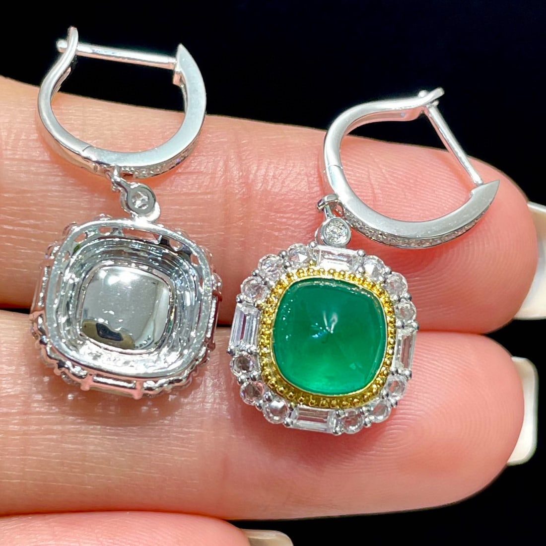 14k Gold 3.3 Ct Natural Emerald & Sapphire & Diamond Earrings - 4