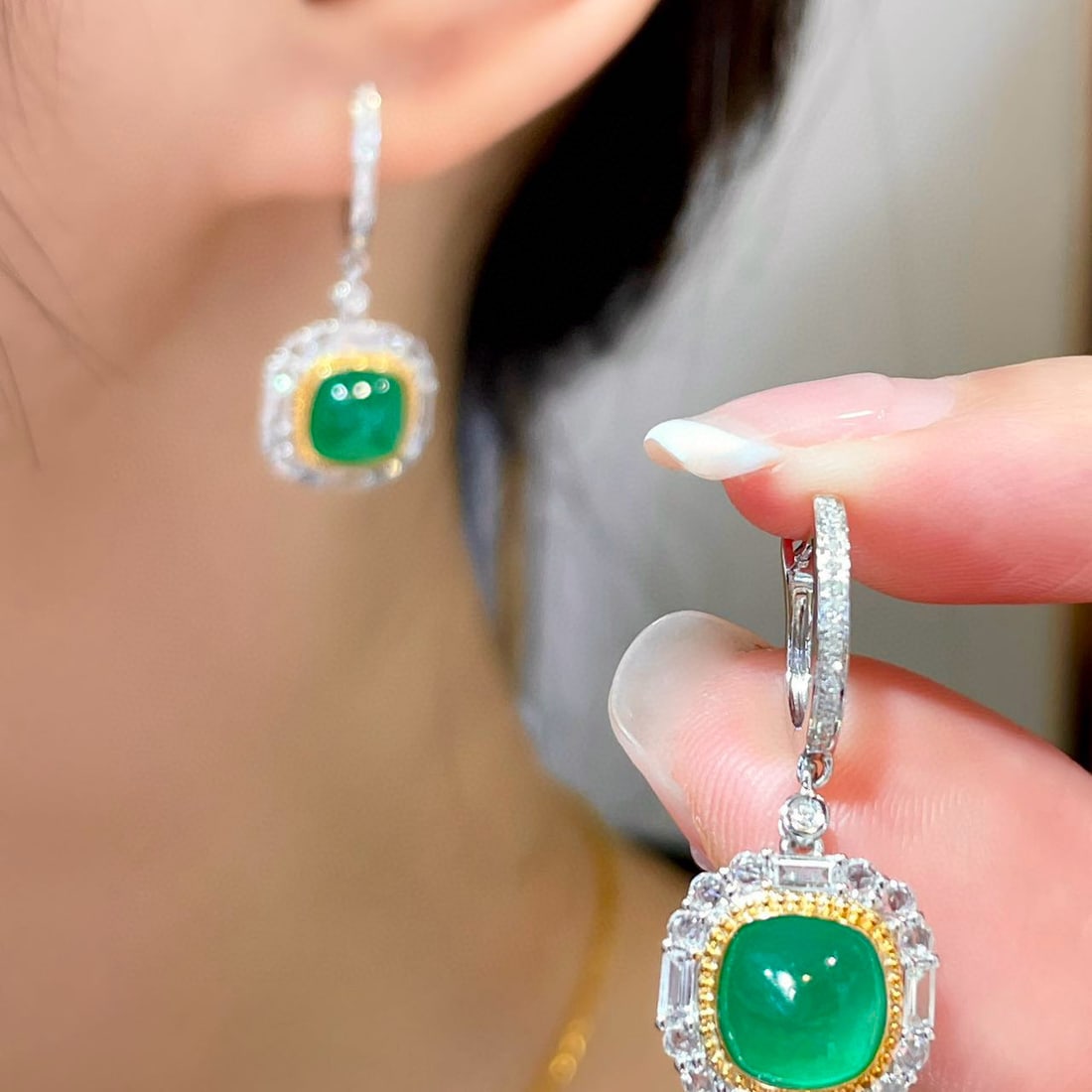 14k Gold 3.3 Ct Natural Emerald & Sapphire & Diamond Earrings - 5