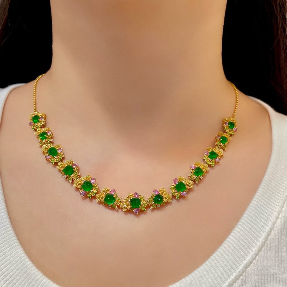 14k Gold 10.2 Ct Natural Emerald & Sapphire & Tsavorite & Diamond Necklace - 3