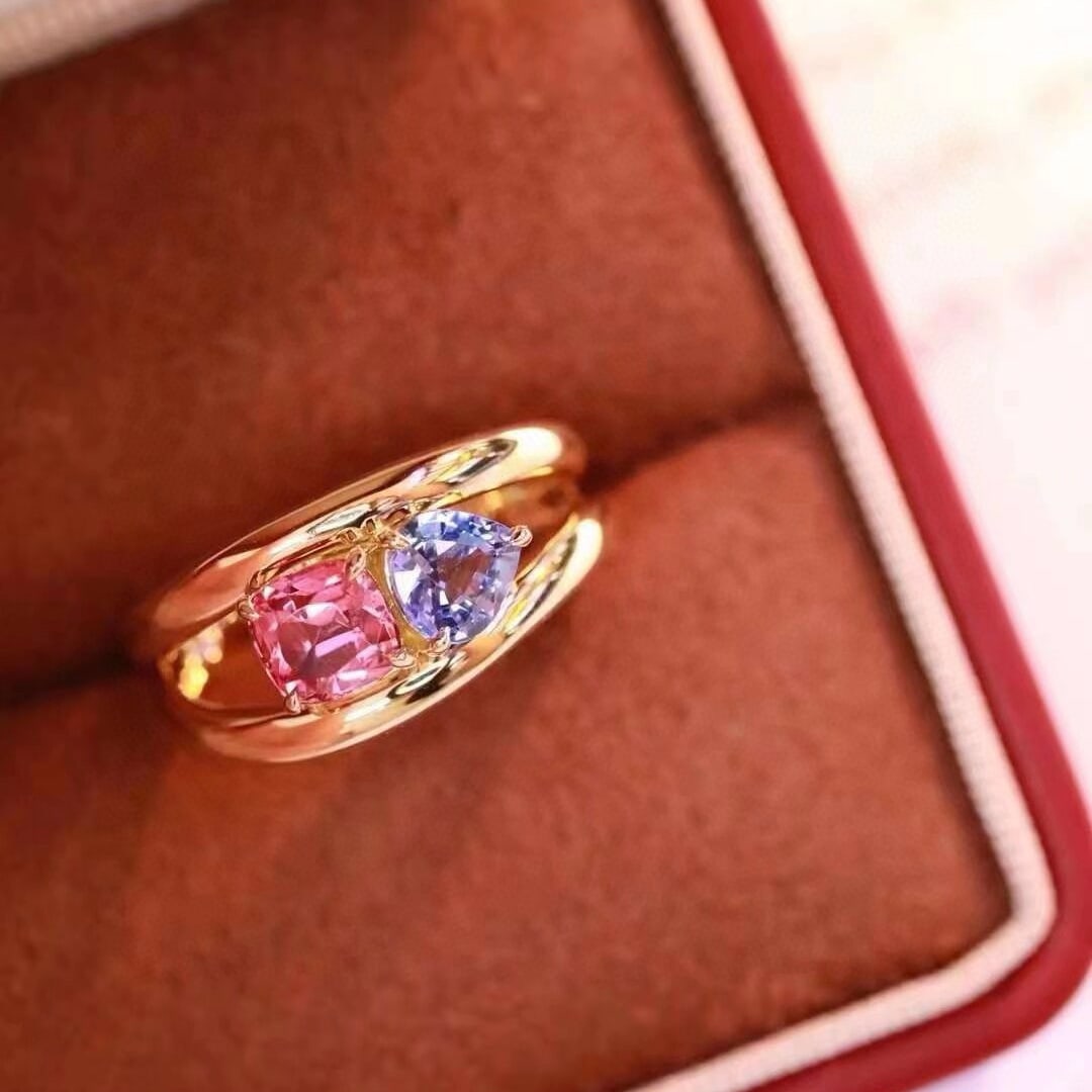 14k Gold 1.47 Ct Natural Sapphire & Tourmaline & Toi Et Moi Ring: Ref:230952141 // gold content:14k gold // ring size:7. 25us // // main gemstone:sapphire & tourmaline // shape:pear & cushion // carat weight:1. 47ct // color:blue & pink // treatment:natural // >