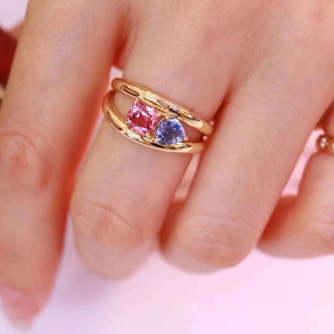 14k Gold 1.47 Ct Natural Sapphire & Tourmaline & Toi Et Moi Ring - 2