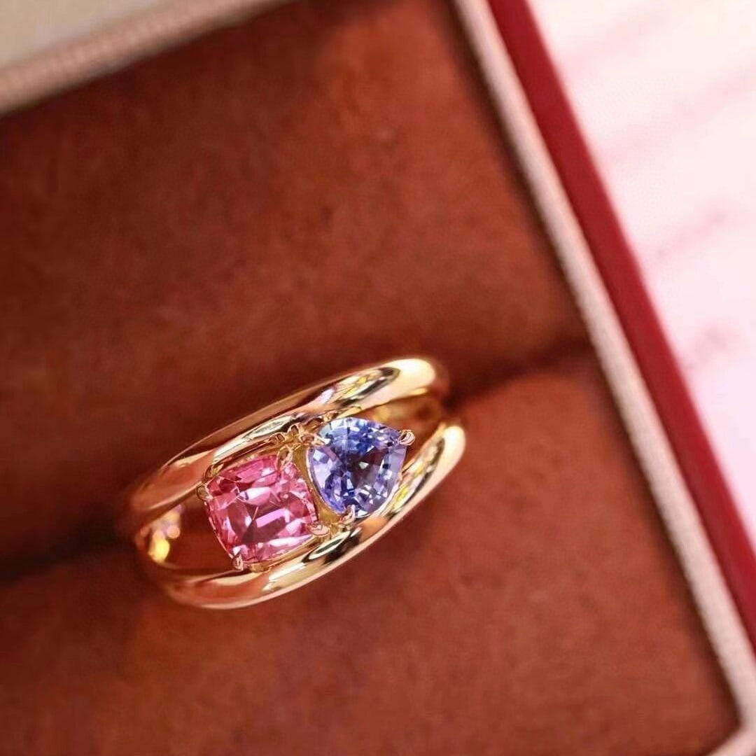 14k Gold 1.47 Ct Natural Sapphire & Tourmaline & Toi Et Moi Ring - 3