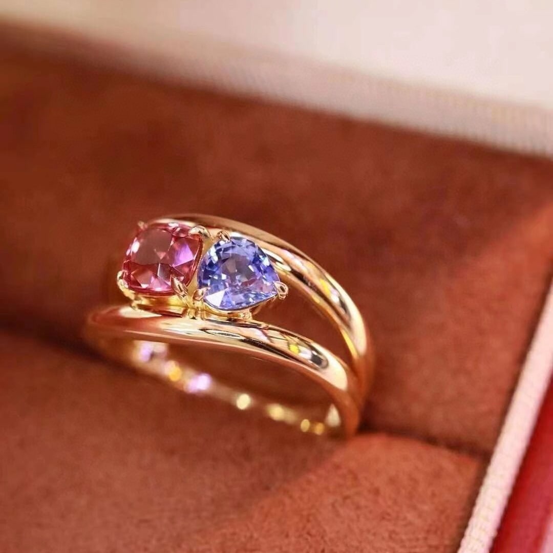 14k Gold 1.47 Ct Natural Sapphire & Tourmaline & Toi Et Moi Ring - 4