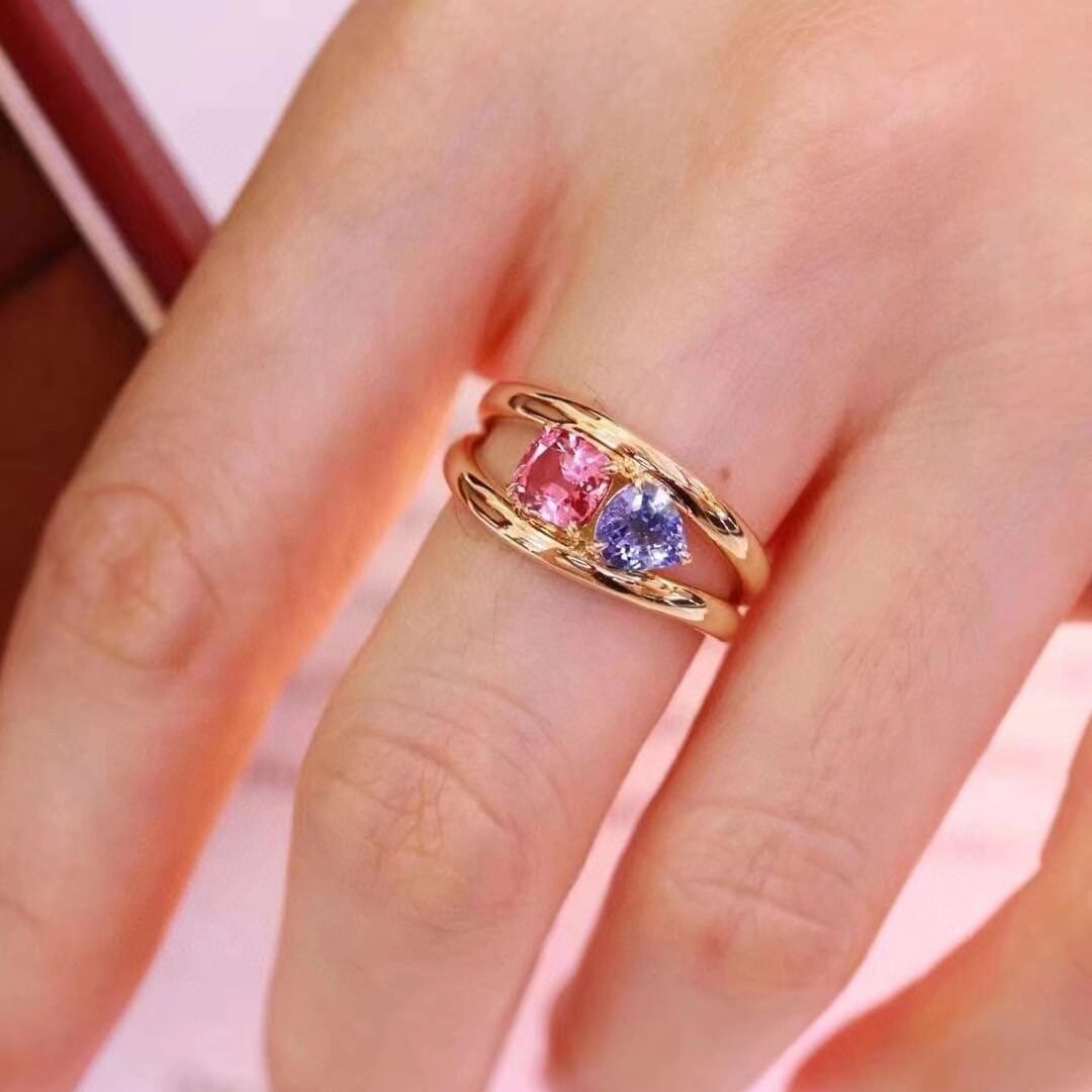 14k Gold 1.47 Ct Natural Sapphire & Tourmaline & Toi Et Moi Ring - 5