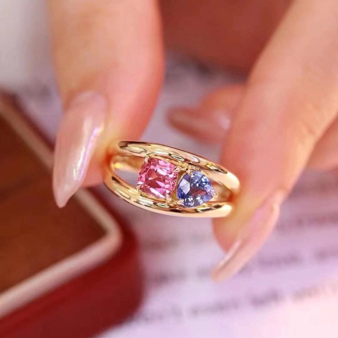 14k Gold 1.47 Ct Natural Sapphire & Tourmaline & Toi Et Moi Ring - 6