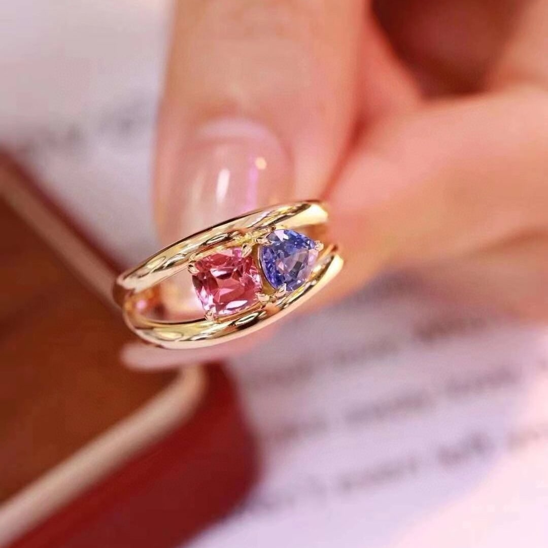 14k Gold 1.47 Ct Natural Sapphire & Tourmaline & Toi Et Moi Ring - 7