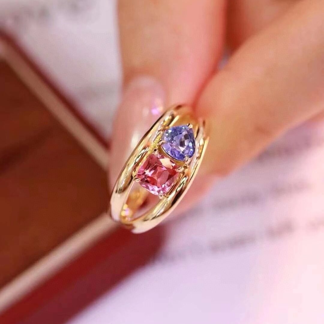 14k Gold 1.47 Ct Natural Sapphire & Tourmaline & Toi Et Moi Ring - 8