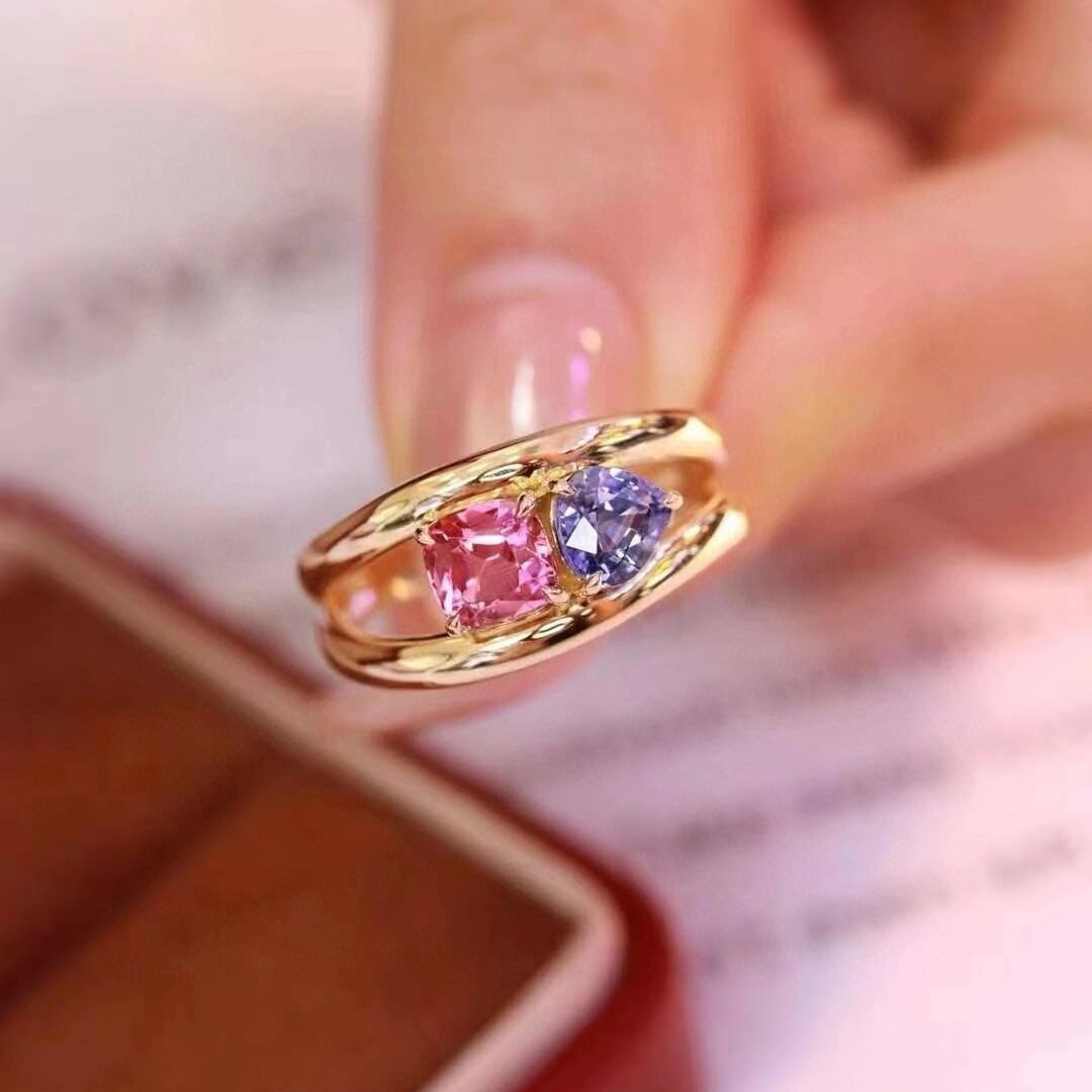 14k Gold 1.47 Ct Natural Sapphire & Tourmaline & Toi Et Moi Ring - 9