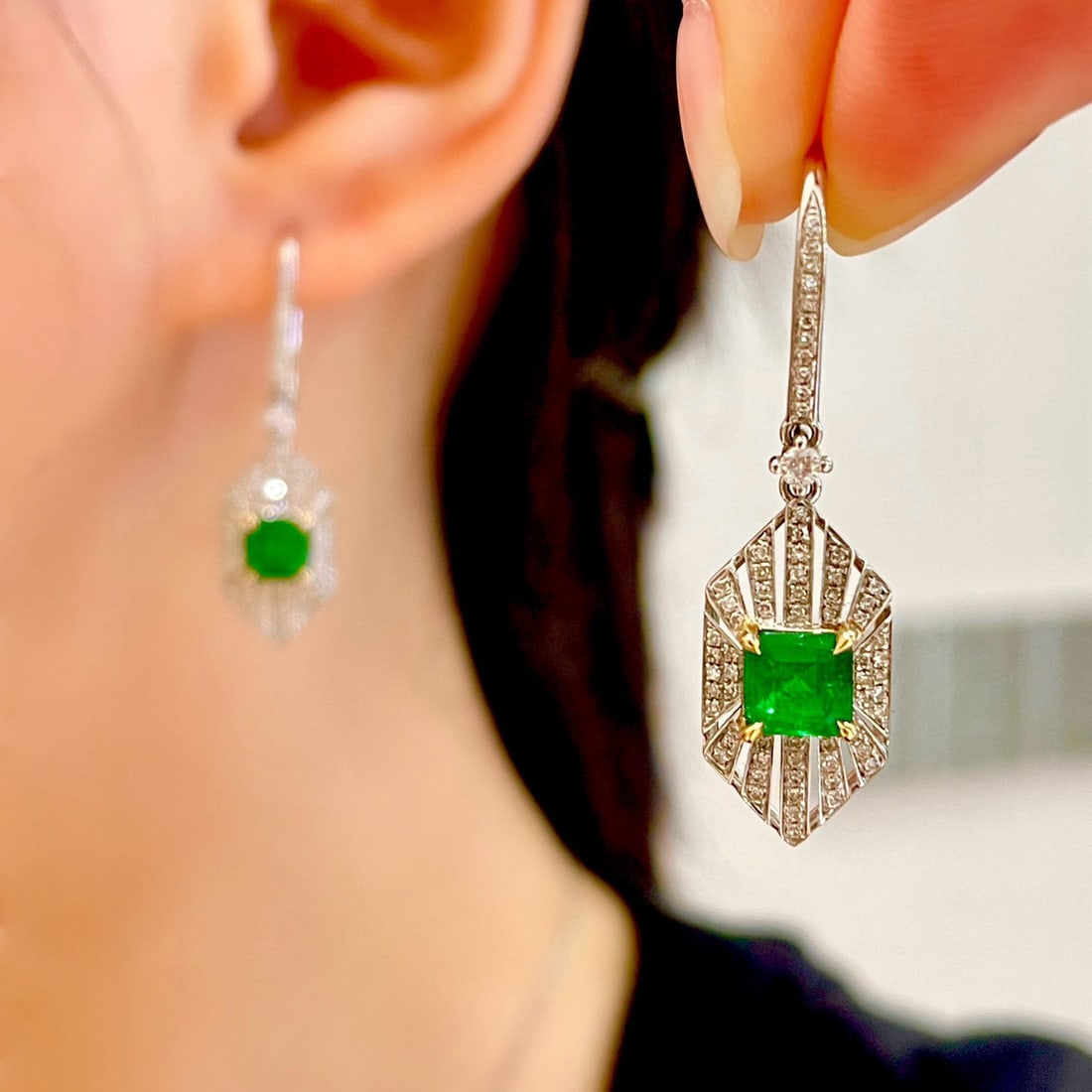 14k Gold 1.5 Ct Vivid Green Natural Emerald & Diamond Earrings - 5