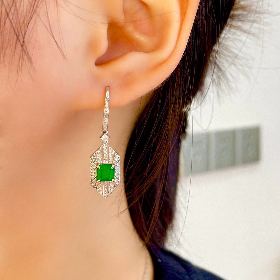 14k Gold 1.5 Ct Vivid Green Natural Emerald & Diamond Earrings - 6