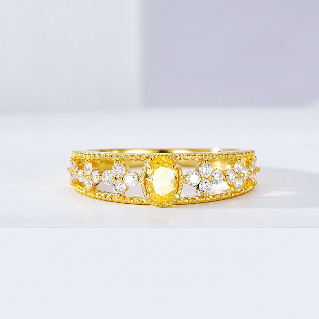 14k Gold 0.65 Ctw Natural Yellow Diamond & Diamond Ring: Ref:230952155 // gold content:14k gold // ring size:7. 25us // // main gemstone:yellow diamond // shape:oval // carat weight:0. 33ct // color:yellow // treatment:natural // // adjacent gemstone 2