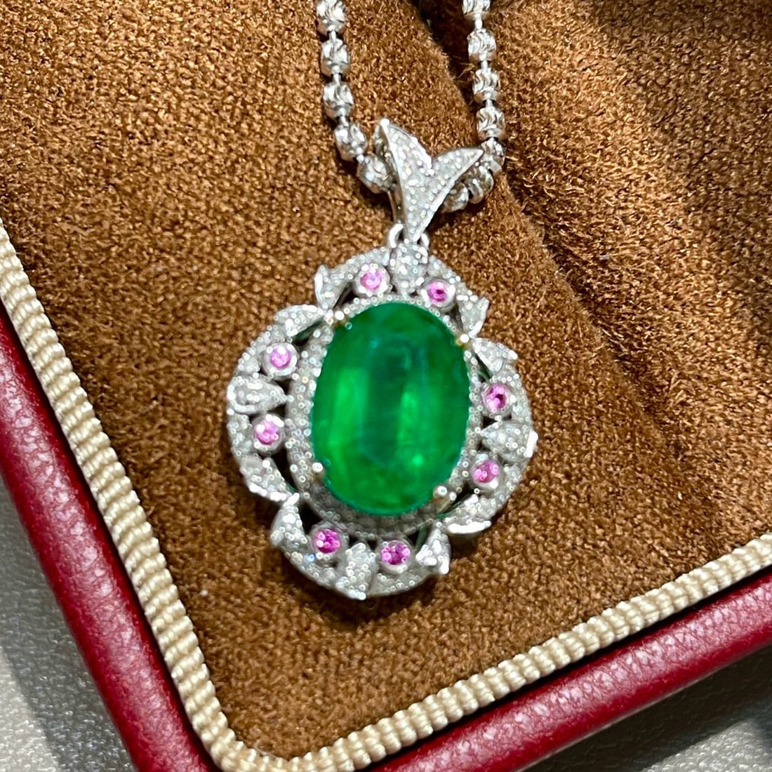 14k Gold 2.2 Ct Vivid Green Natural Emerald & Diamond & Sapphire Pendant( Without Chain ) - 3