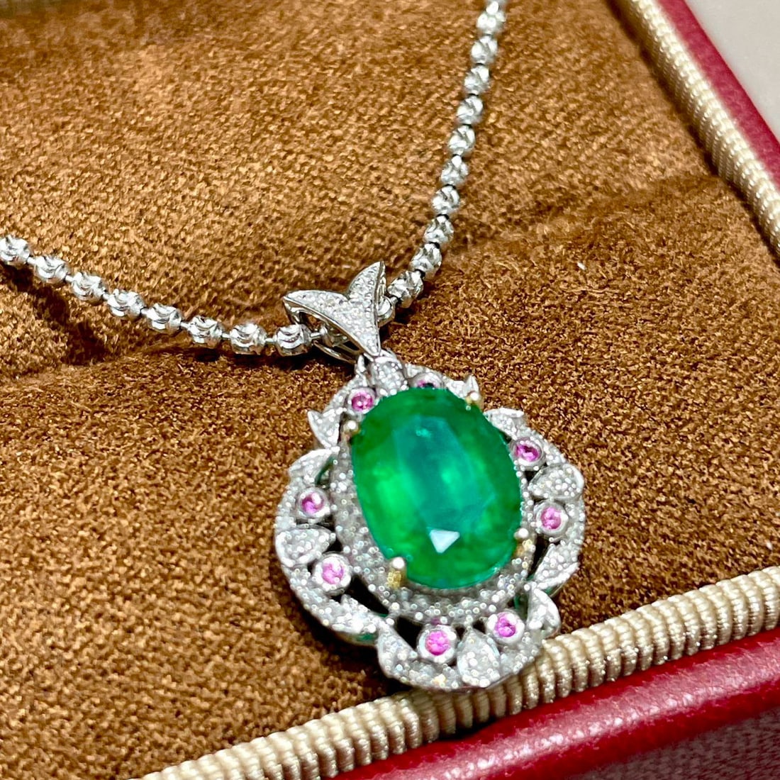 14k Gold 2.2 Ct Vivid Green Natural Emerald & Diamond & Sapphire Pendant( Without Chain ) - 5