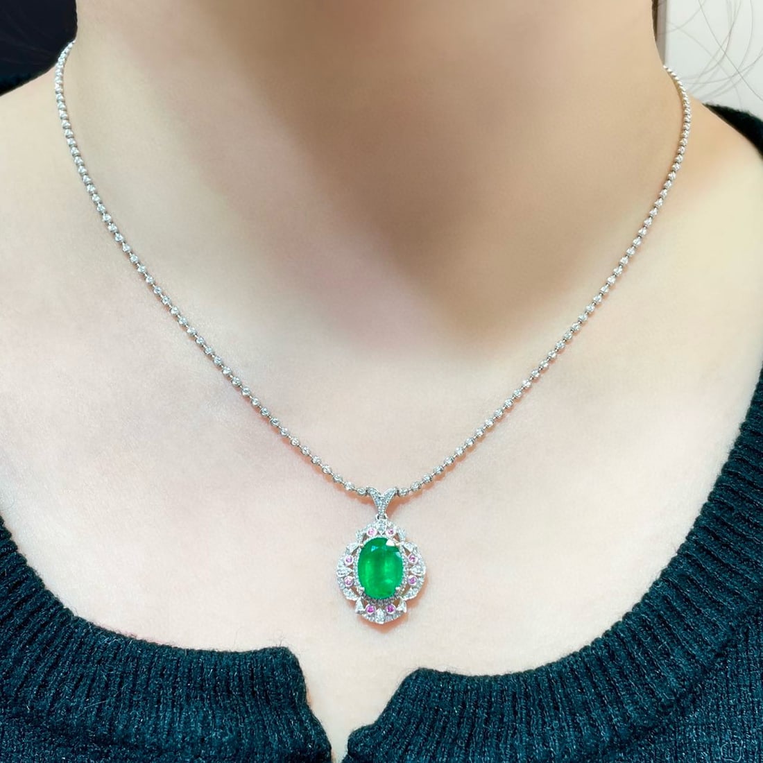 14k Gold 2.2 Ct Vivid Green Natural Emerald & Diamond & Sapphire Pendant( Without Chain ) - 6