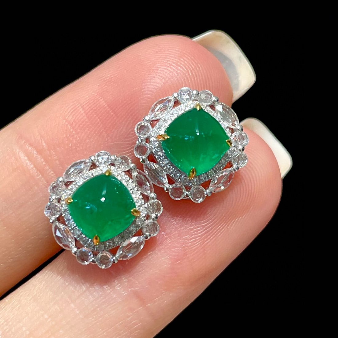 14k Gold 2.4 Ct Vivid Green Natural Emerald & Sapphire & Diamond Earrings - 2