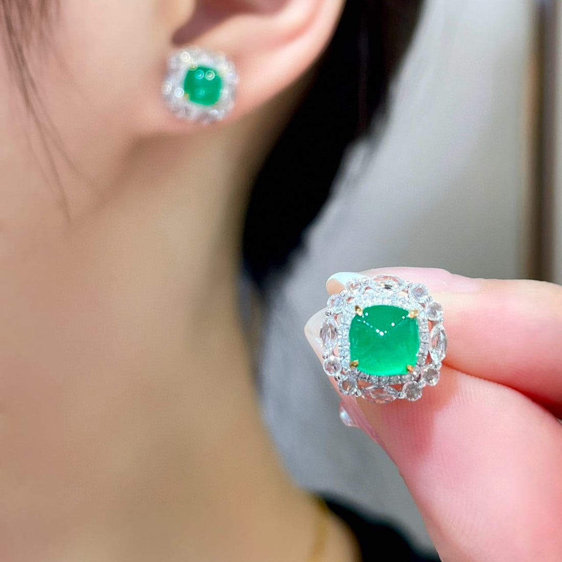 14k Gold 2.4 Ct Vivid Green Natural Emerald & Sapphire & Diamond Earrings - 5