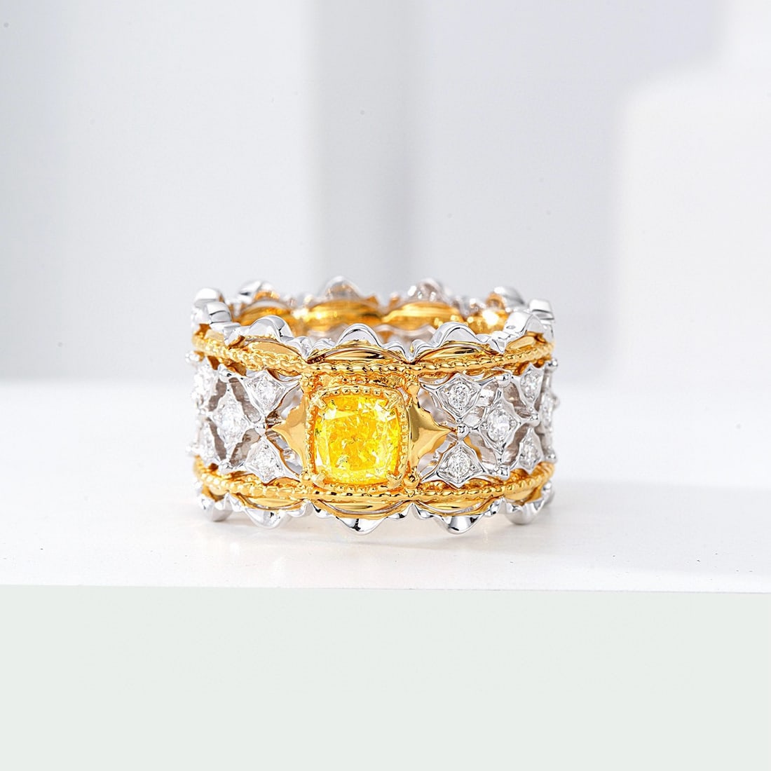 14k Gold 1.10 Ctw Natural Yellow Diamond & Diamond Ring: Ref:230952193 // gold content:14k gold // ring size:7. 25us // // main gemstone:yellow diamond // shape:cushion // carat weight:0. 71ct // color:yellow // treatment:natural // // adjacent gemstone 2 :