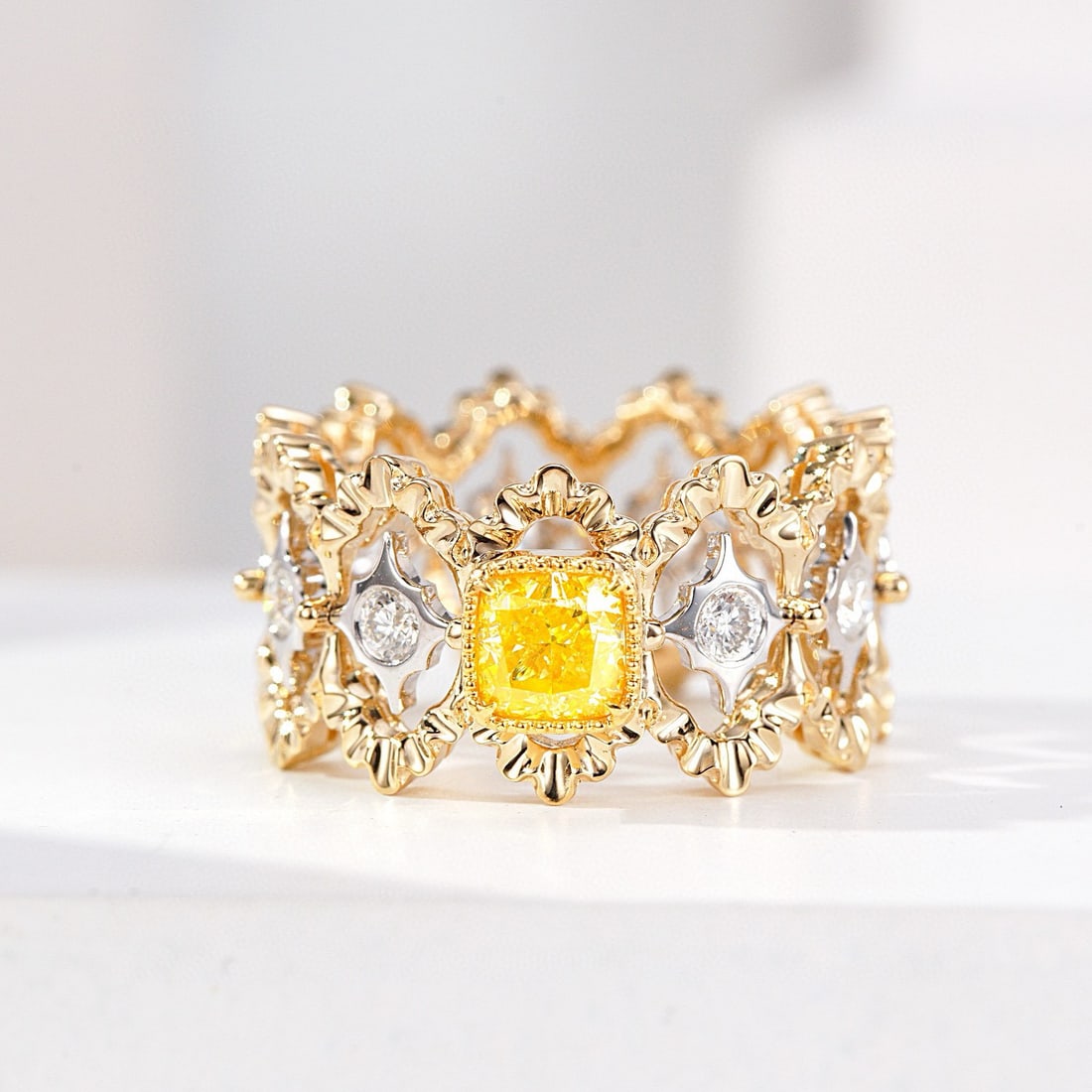 14k Gold 1.33 Ctw Natural Yellow Diamond & Diamond Ring: Ref:230952216 // gold content:14k gold // ring size:7. 25us // // main gemstone:yellow diamond // shape:cushion // carat weight:0. 75ct // color:yellow // treatment:natural // // adjacent gemstone 2 :