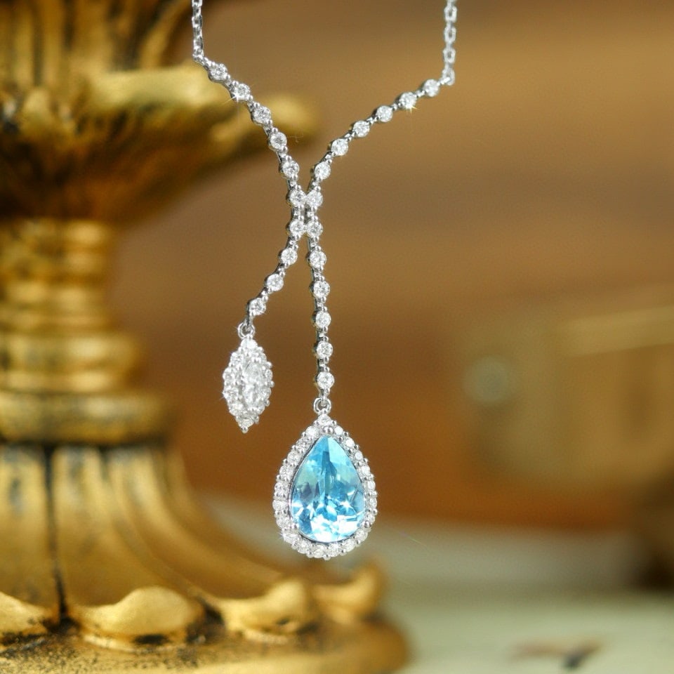 14k Gold 2.16 Ctw Natural Aquamarine & Diamond Necklace - 2