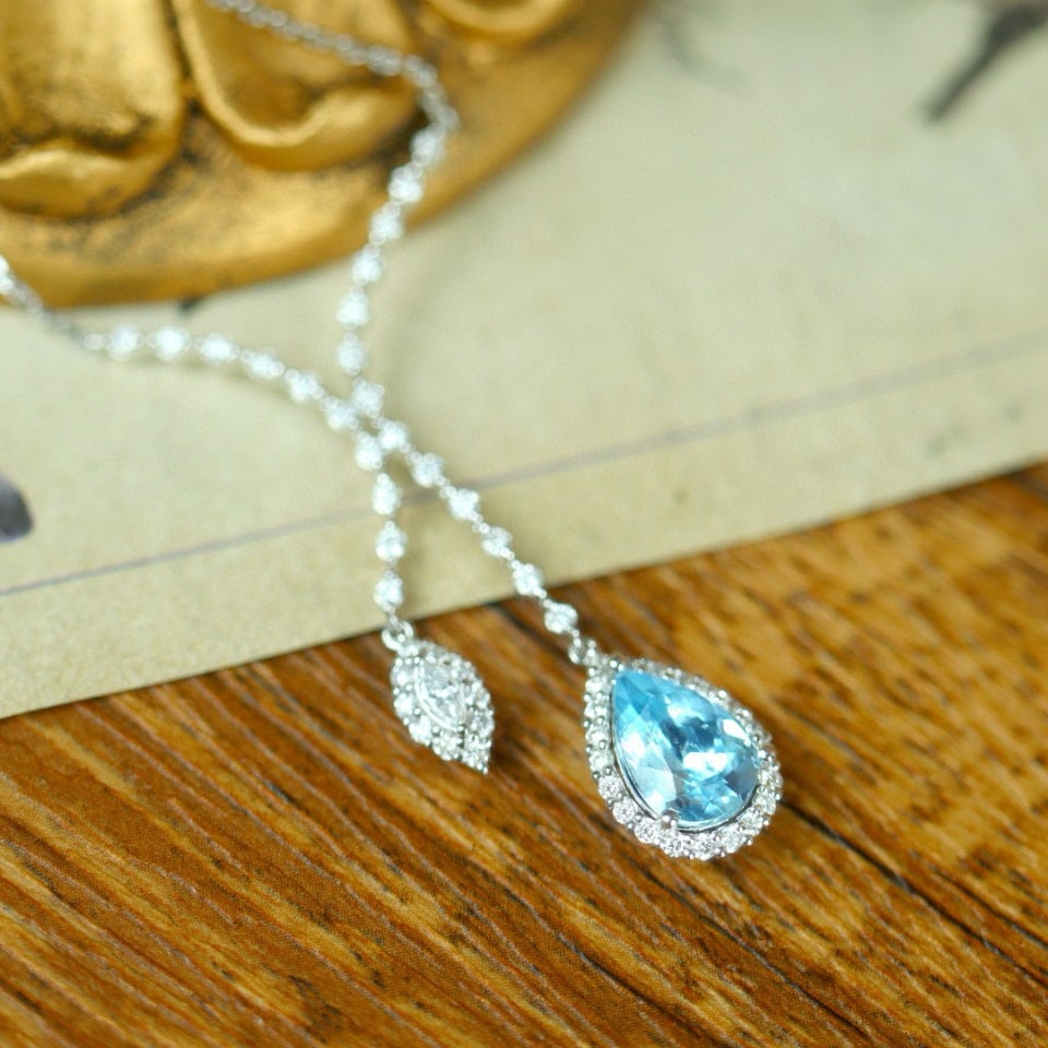 14k Gold 2.16 Ctw Natural Aquamarine & Diamond Necklace - 3