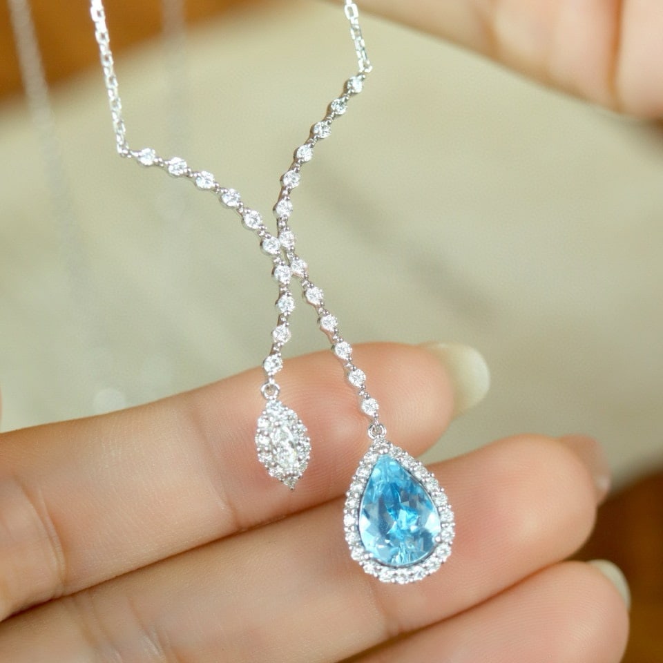 14k Gold 2.16 Ctw Natural Aquamarine & Diamond Necklace - 4