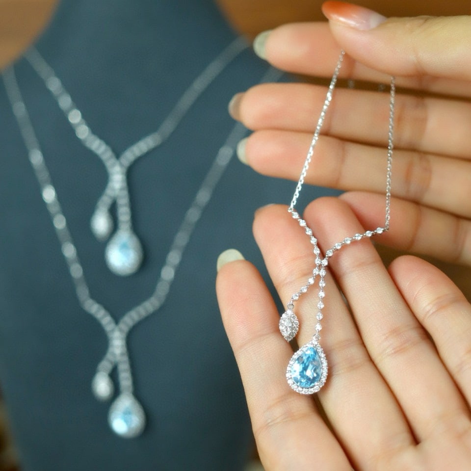 14k Gold 2.16 Ctw Natural Aquamarine & Diamond Necklace - 7