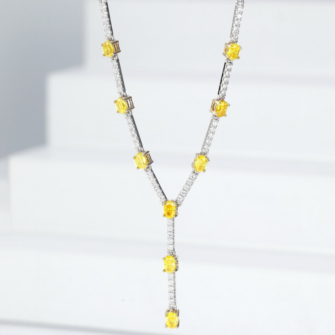 14k Gold 0.95 Ctw Natural Yellow Diamond & Diamond Necklace: Ref:230952261 // gold content:14k gold // main gemstone:yellow diamond // shape:oval // carat weight:0. 73ct // color:yellow // treatment:natural // // adjacent gemstone 2 : diamond // shape:round //