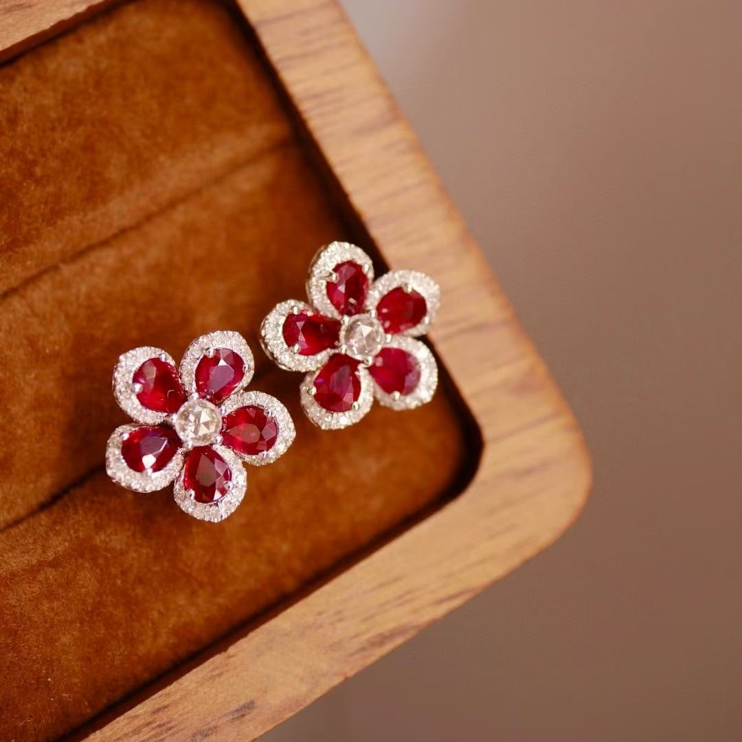 14k Gold 1.9 Ct Natural Ruby & Diamond Earrings - 2