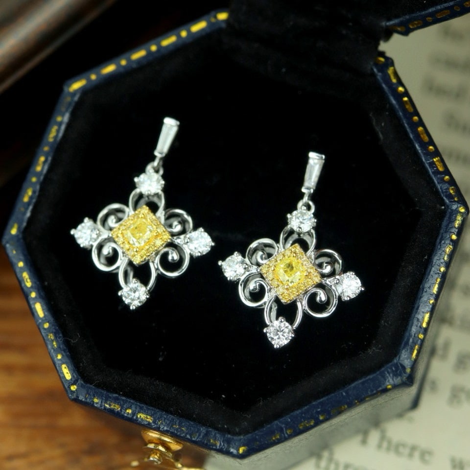 14k Gold 0.87 Ctw Natural Yellow Diamond & Diamond Earrings - 6