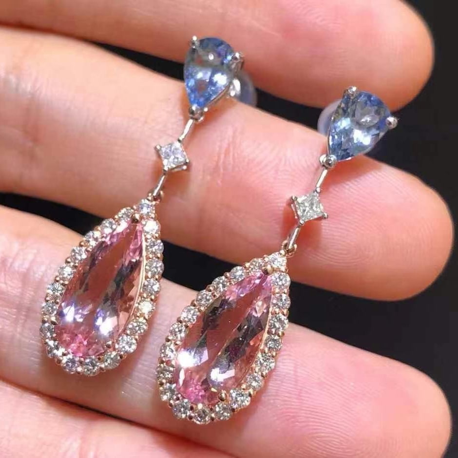 14k Gold 5.05 Ctw Natural Morganite & Aquamarine Earrings: Ref:230952277 // gold content:14k gold // main gemstone:morganite // shape:pear // carat weight:3. 92ct // color:pink // treatment:natural // // adjacent gemstone 2 : aquamarine // shape:pear // carat