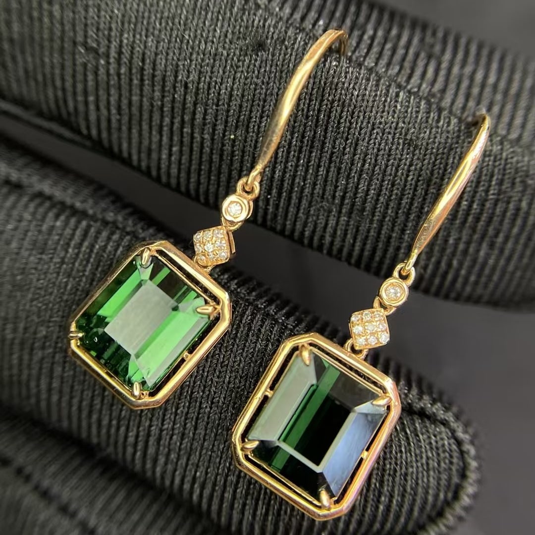 14k Gold 4.4 Ct Natural Tourmaline & Diamond Earrings - 2