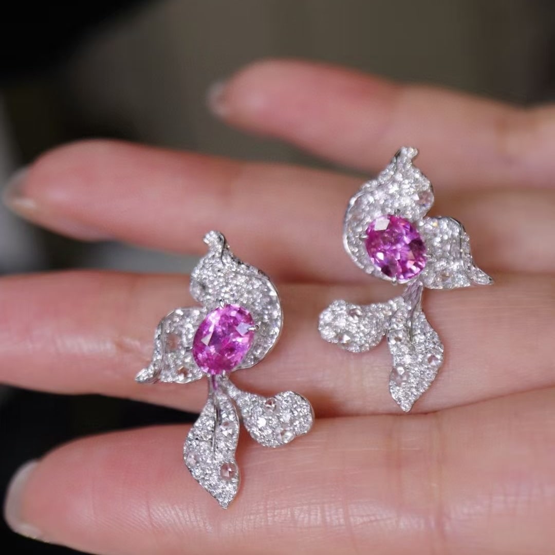 14k Gold 2.92 Ctw Natural Padparadscha Sapphire & Diamond Earrings - 2