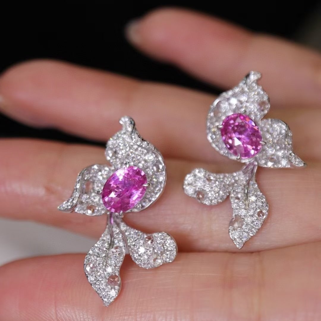 14k Gold 2.92 Ctw Natural Padparadscha Sapphire & Diamond Earrings - 4