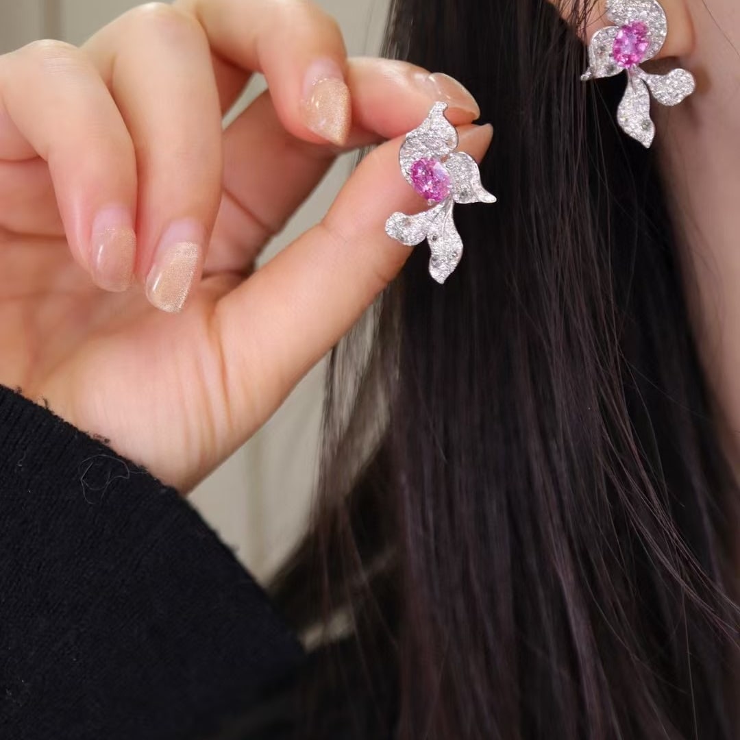 14k Gold 2.92 Ctw Natural Padparadscha Sapphire & Diamond Earrings - 5