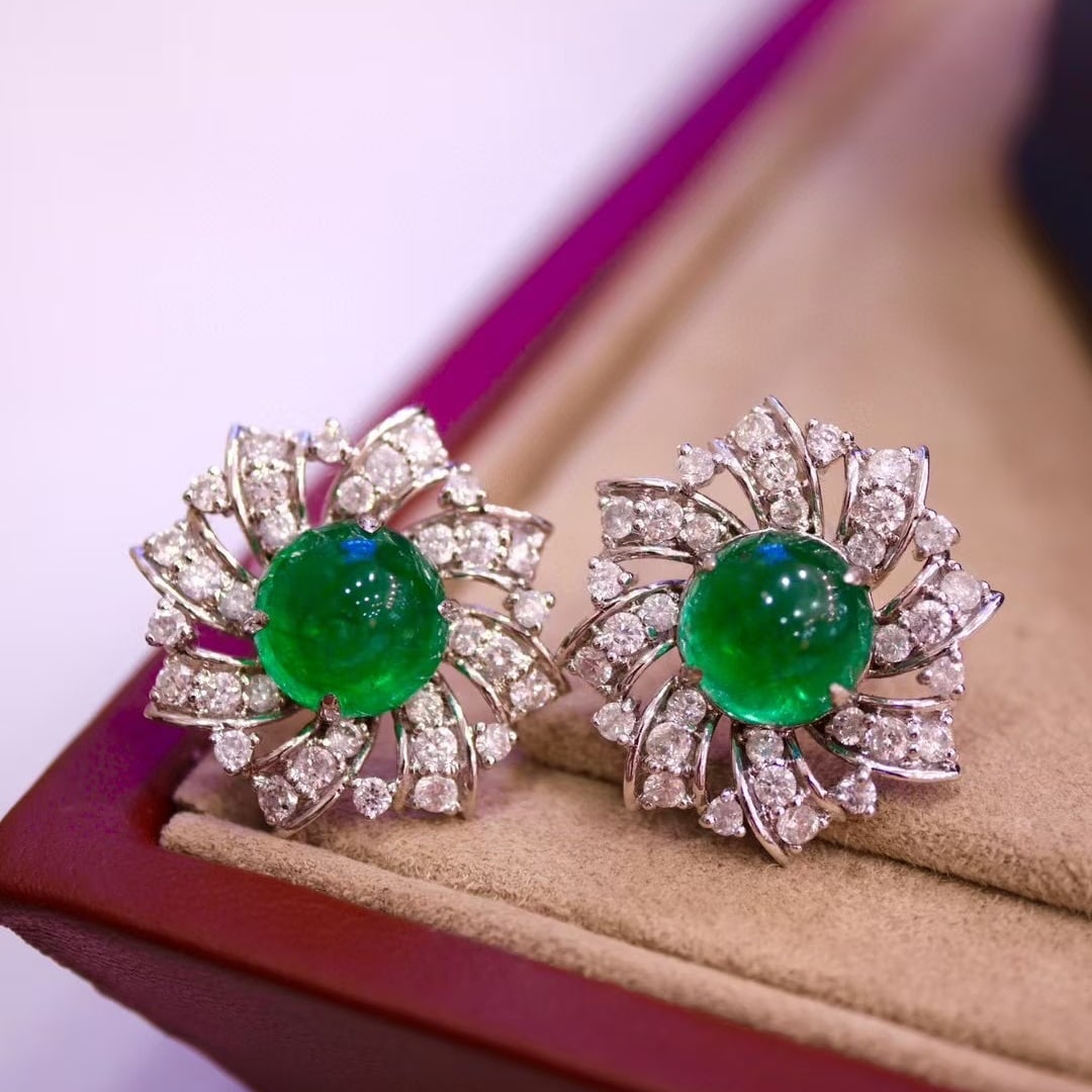 14k Gold 6.19 Ct Vivid Green Natural Emerald & Diamond Earrings - 2