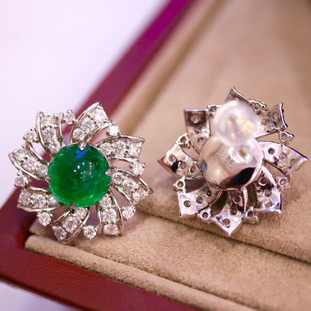 14k Gold 6.19 Ct Vivid Green Natural Emerald & Diamond Earrings - 5