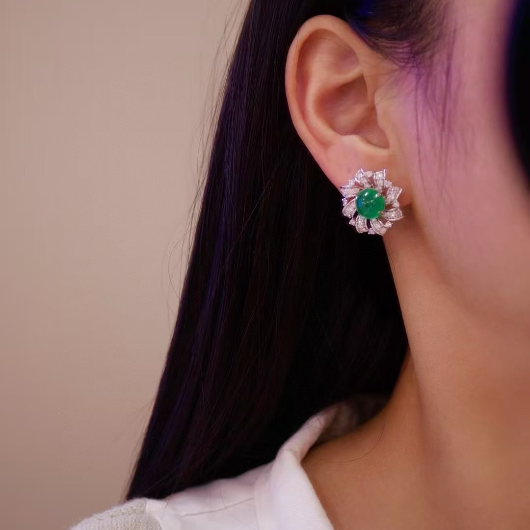 14k Gold 6.19 Ct Vivid Green Natural Emerald & Diamond Earrings - 6