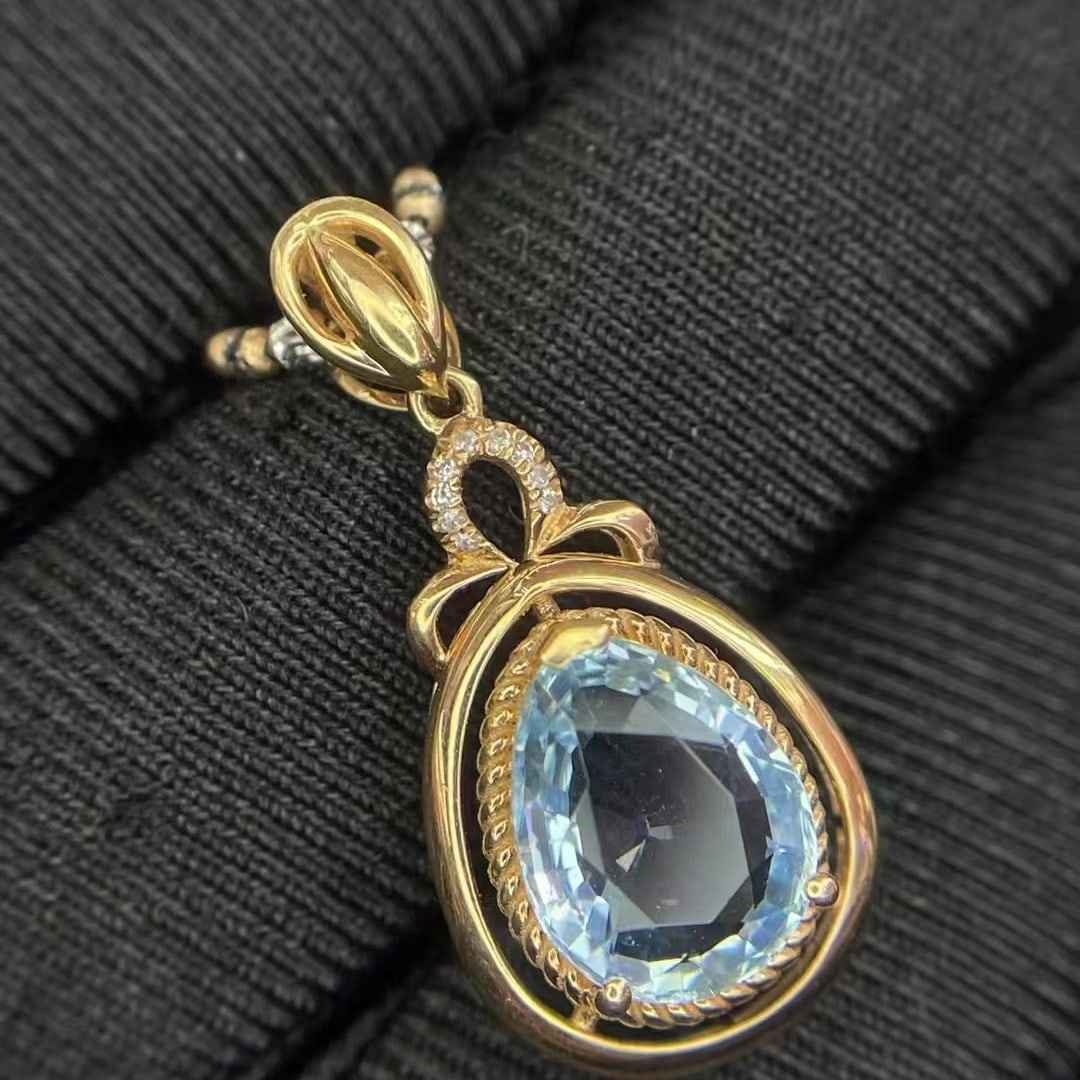 14k Gold 2.00 Ct Natural Aquamarine & Diamond Pendant( Without Chain ) - 2