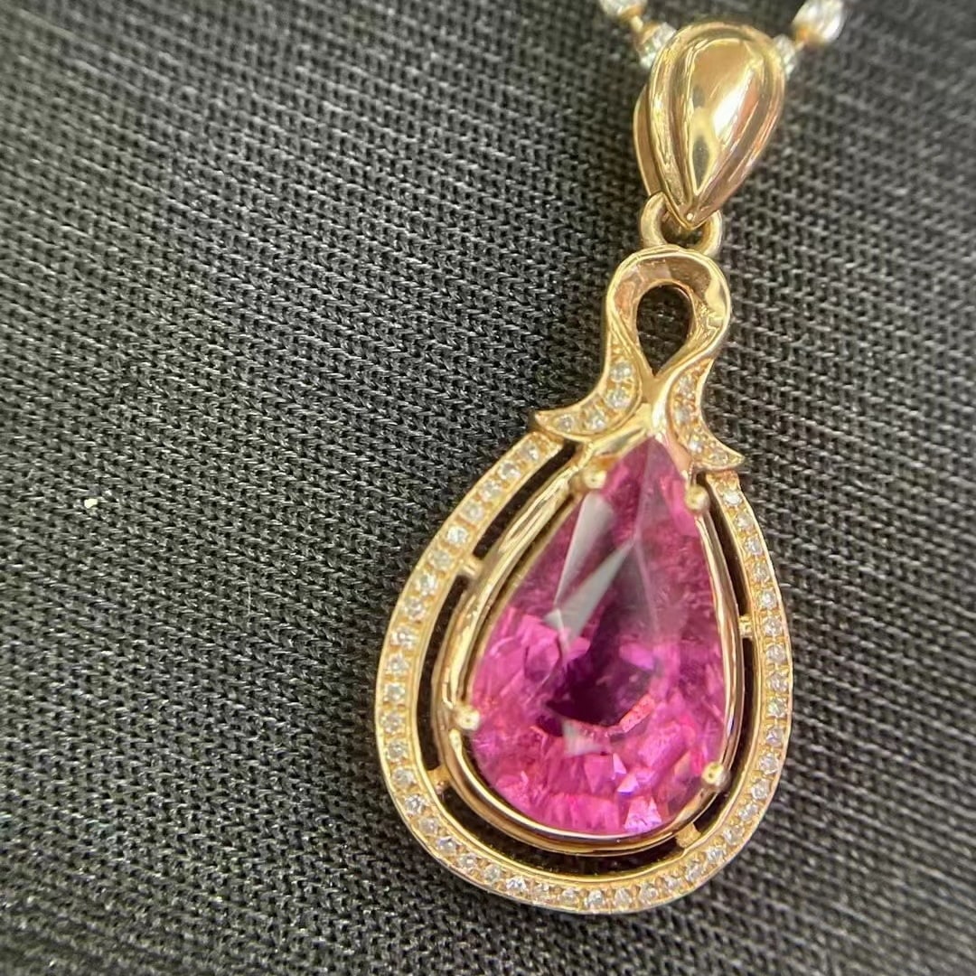 14k Gold 3.46 Ct Natural Tourmaline & Diamond Pendant( Without Chain ) - 2