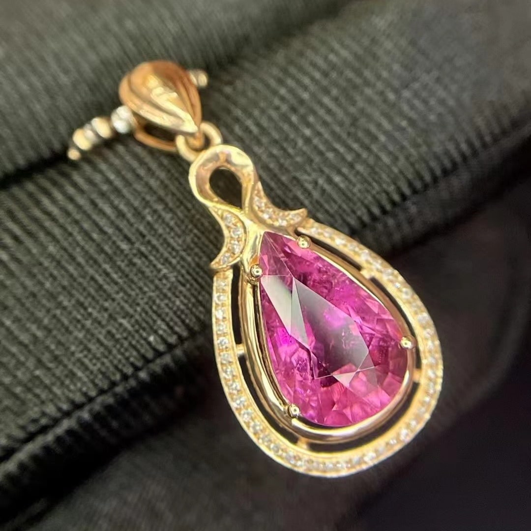 14k Gold 3.46 Ct Natural Tourmaline & Diamond Pendant( Without Chain ) - 3