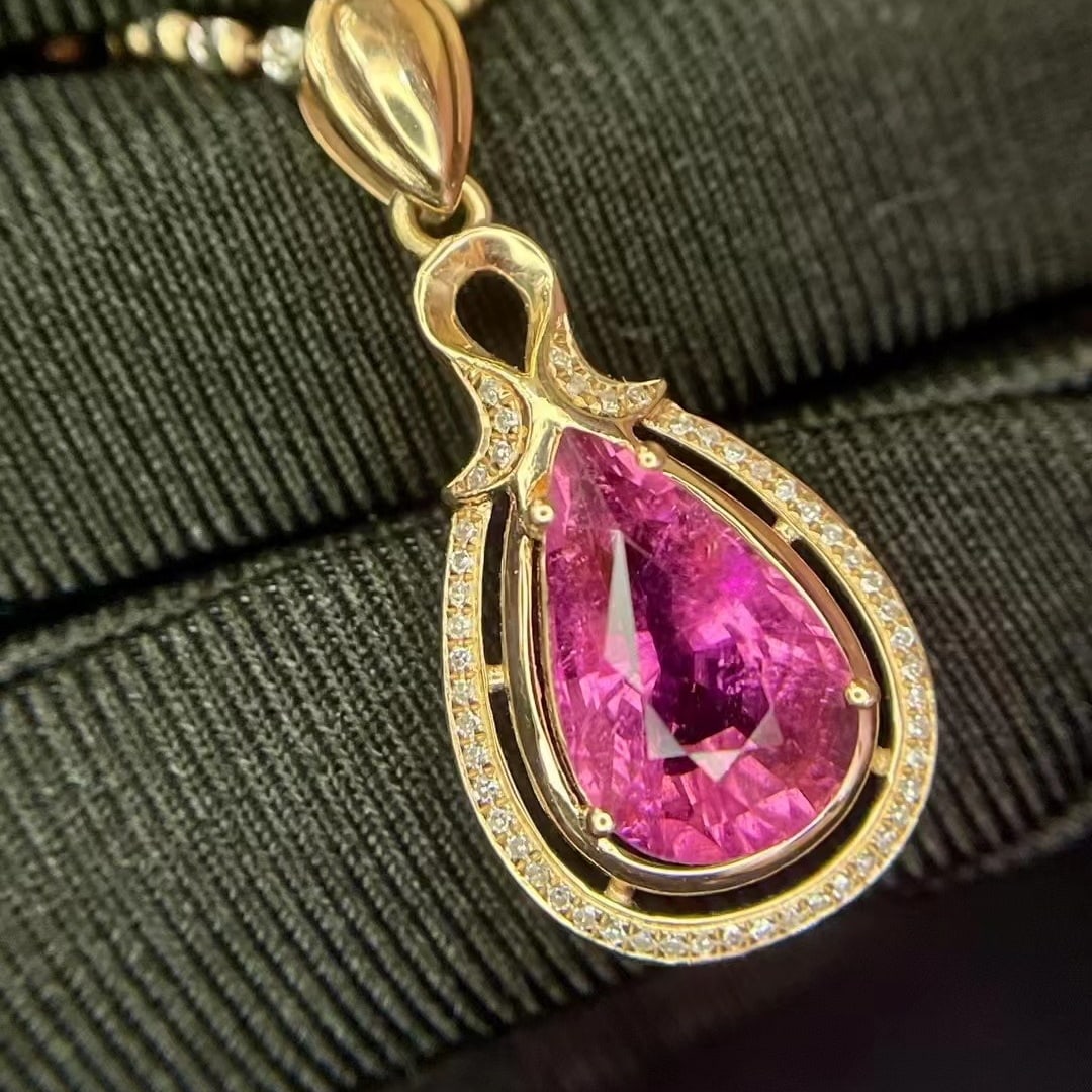 14k Gold 3.46 Ct Natural Tourmaline & Diamond Pendant( Without Chain ) - 4