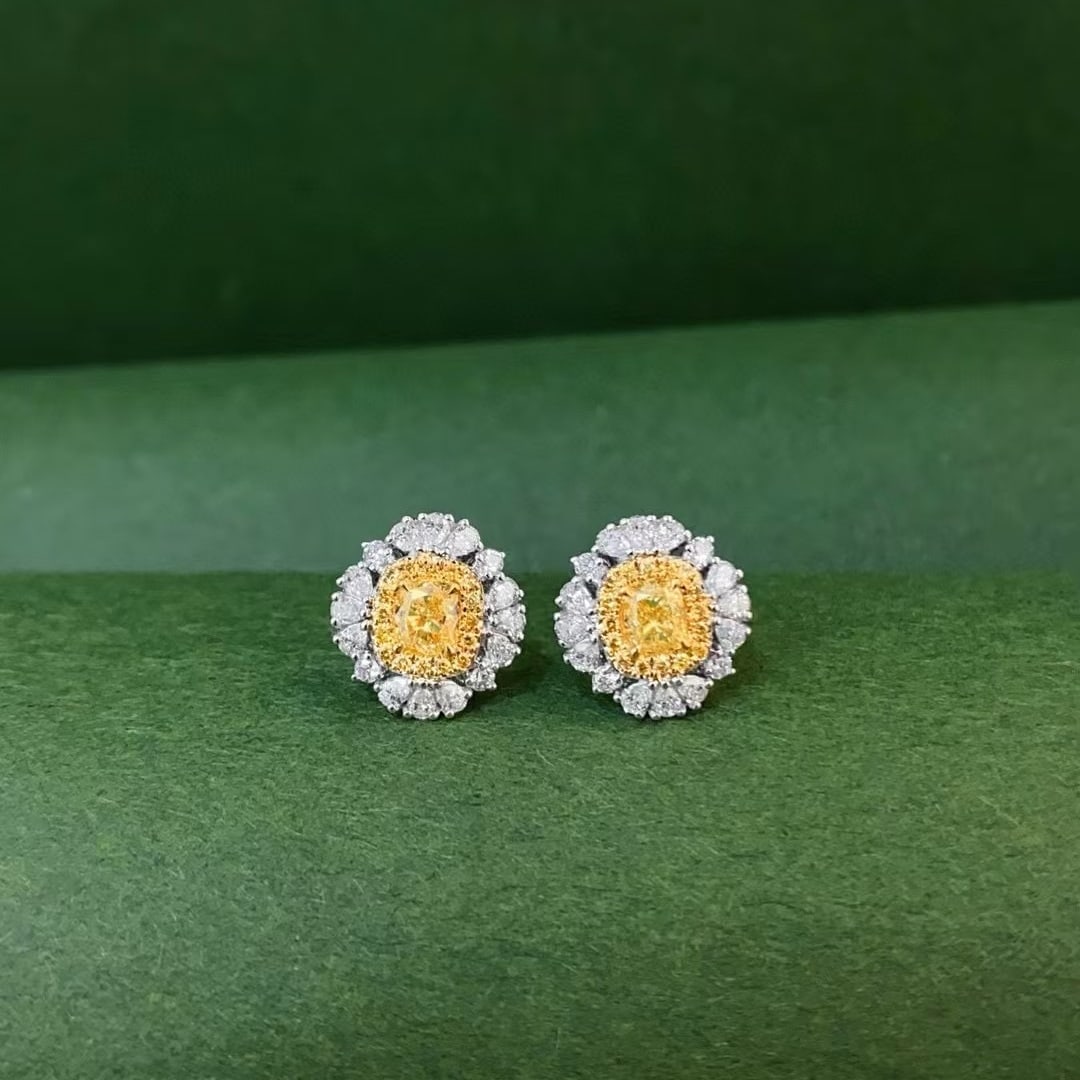 14k Gold 1.23 Ctw Natural Yellow Diamond & Diamond Earrings: Ref:230952338 // gold content:14k gold // main gemstone:yellow diamond // shape:cushion // carat weight:0. 46ct // color:yellow // treatment:natural // // adjacent gemstone 2 : diamond //